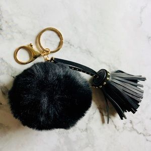 New! Black Faux Fur Pom Pom Tassels Keychain